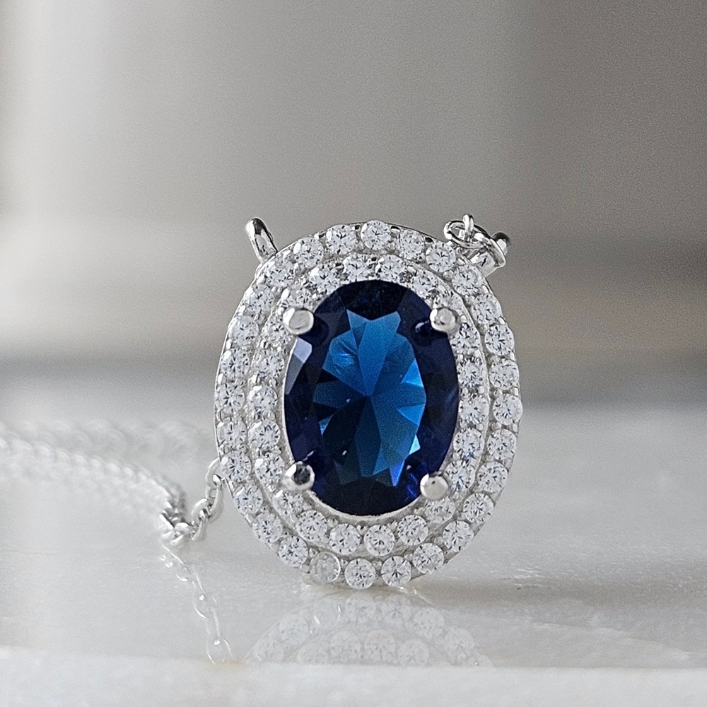 Sapphire Blue Oval Double Halo Gemstone Necklace, 925 Sterling Silver